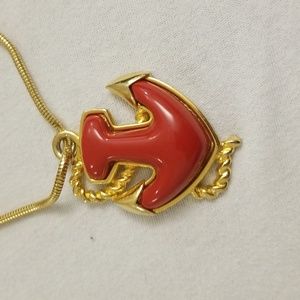 VINTAGE HOT RED HUGE LUCITE ANCHOR GOLDTONE STATEMENT NECKLACE